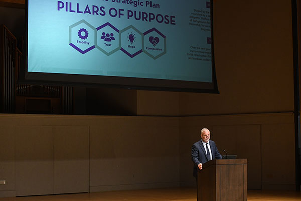 President Sider spoke on the state of Bluffton University aligning its strategic vision for the next year with four 